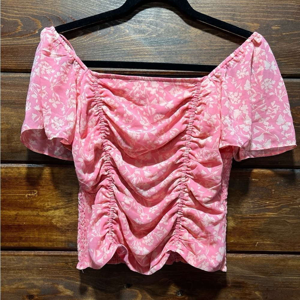 Lush Pink Off-the-Shoulder Ruched Blouse
